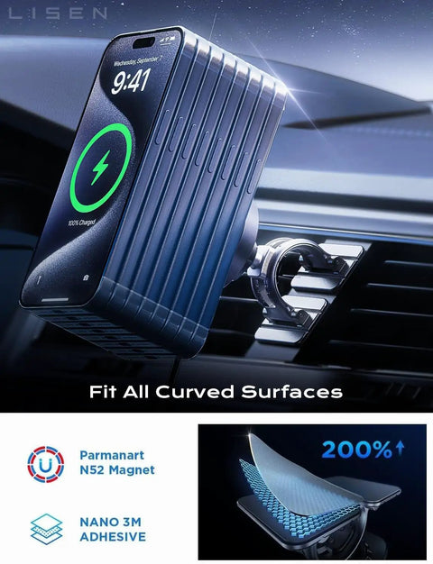 15W MagSafe Car Mount Charger With Magnetic Wireless Phone Holder vent mounted, showing strong 3M base and compatible with iPhone 17 Pro Max