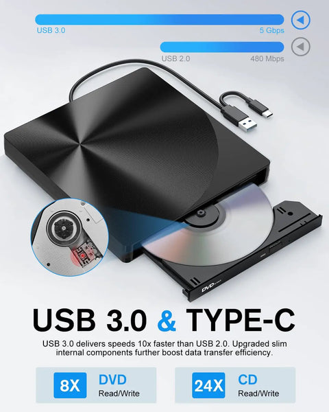 External CD DVD Drive With USB 3.0 And Type-C Plug And Play Portable Burner For Laptops And Macs No Extra Power Needed Ultra Slim Travel Ready Optical Drive, black slim design