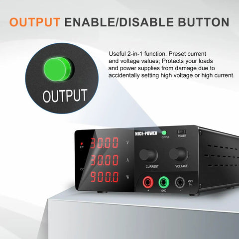 High Power Bench Power Supply 30V 30A 900W with encoder knob, output switch, 3-digit display for voltage, current, and power.