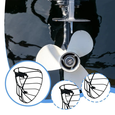Heavy Duty Propeller Guard For Outboard Motor Dive Boats Keeps Gear Safe From Rocks And Debris With Easy Install Metal Hardware Protection That Slays The Water - Black metal guard on outboard motor.