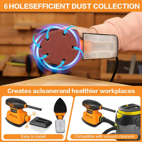 Electric Orbital Detail Sander Pumping Out 14000 OPM With Seamless Dust Collection showing 6-hole sandpaper for efficient dust removal.