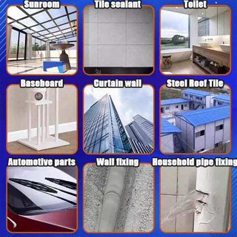 Image showcasing various uses of Premium Heavy Duty Waterproof Sealant Adhesive With Advanced Polymer Tech, including tiles and roofs.