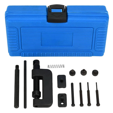 13-Piece Motorcycle Chain Breaker Tool Kit With 3 Anvils, Steel Pins, Riveter, And Carrying Case For Bikes And ATVs displayed