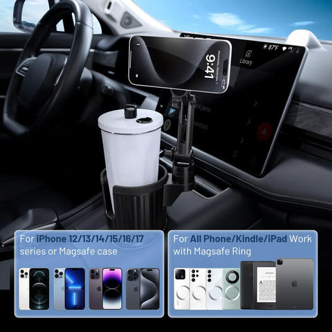 Magnetic Cup Holder Phone Mount For Cars MagSafe Compatible Adjustable 4.1 Inch Base in car cup holder with iPhone mounted
