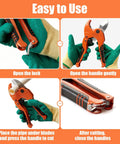 Heavy Duty PVC Pipe Cutter For PVC CPVC PEX PP R PE And More Up To One And A Quarter Inch With One Hand Operation And V Shaped Blade Ideal For Plumbing Irrigation Sprinkler Systems And DIY Projects shown in use
