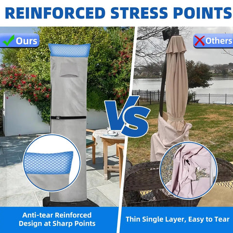 Comparison of heavy duty patio cantilever umbrella cover with reinforced stress points vs thin single layer cover.
