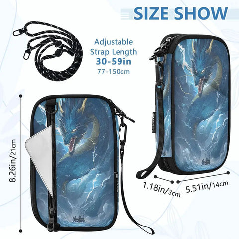 Dragon Blue Boat Passport Holder Family Passport Wallet with dragon design, adjustable strap, and RFID blocking lining.