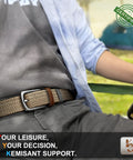 Men's Golf Belt Braided Woven Stretch Belt Multi Pack Gift Ready Casual Jeans Sports And Work Fully Adjustable With Direct Lock In Strap For All Day Comfort Beige And Dark Gray Color Options 1 3 Eighths Inch Waist Fits 36 To 40 Inches worn by a seated person outdoors.