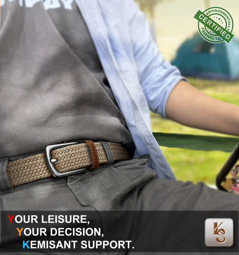 Men's Golf Belt Braided Woven Stretch Belt Multi Pack Gift Ready Casual Jeans Sports And Work Fully Adjustable With Direct Lock In Strap For All Day Comfort Beige And Dark Gray Color Options 1 3 Eighths Inch Waist Fits 36 To 40 Inches worn by a seated person outdoors.