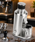 Pro Grade Stainless Steel Coffee Grinder Featuring 80mm Flat Burrs Stepless Dial Control And 70g Bean Hopper with sleek design on countertop.