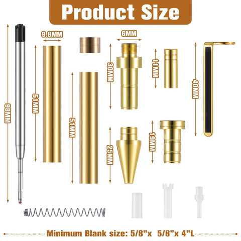 Sick 6 Piece Retractable Pen Kit Bundle Sweet Deal For Wood Turning Lathes Includes 8 MM Slimline Insert Kits With Smooth Click Refills showing detailed product size dimensions.