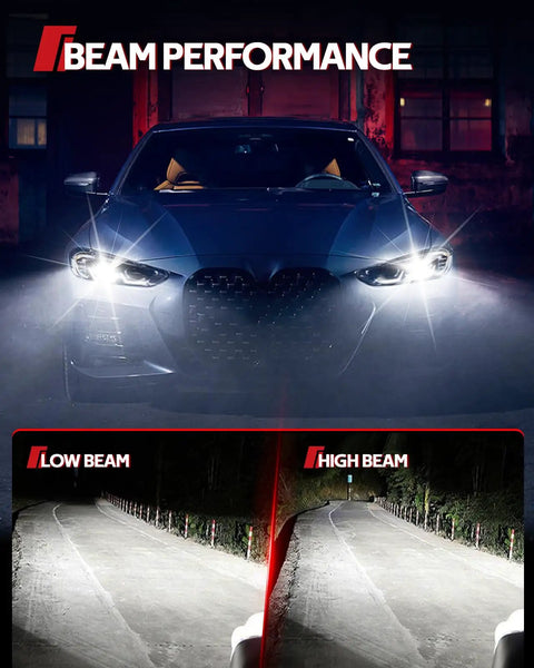 Car with D1S Xenon HID Bulbs 6000K Cool White, demonstrating low and high beam performance at night with longer beam distance