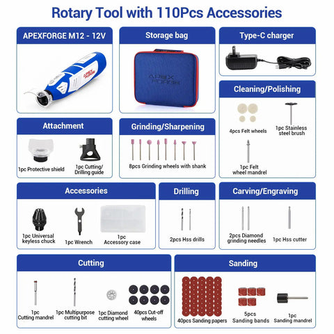 12V Cordless Rotary Tool Kit With 35000 RPM, Five Speed Settings, Keyless Chuck, Type C Charging, 110 Accessories, Two Attachments, Carry Bag