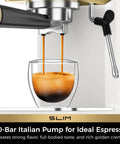 Slick Compact Espresso Maker With Crackin Hot 30 Second Heat Up And 20 Bar Italian Pump For Rich Crema Lattes Featuring Pro Milk Frothing Wand In Sleek White And Gold brewing espresso into a glass.