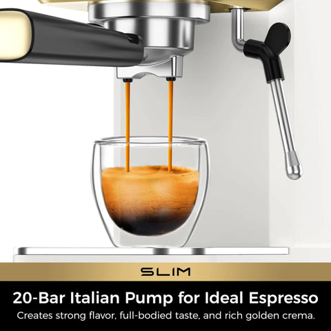 Slick Compact Espresso Maker With Crackin Hot 30 Second Heat Up And 20 Bar Italian Pump For Rich Crema Lattes Featuring Pro Milk Frothing Wand In Sleek White And Gold brewing espresso into a glass.