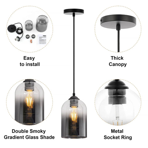 Black Glass Cylinder Pendant Lights Set Of 2 - Modern Farmhouse Style Double Glass Gradient Shades with easy installation features.