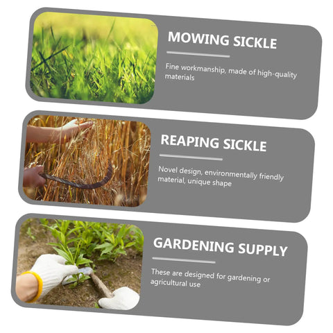 5 Piece Black Gardening Mowing Sickles Set With Ergonomic Non Slip Handles For Easy Weeding And Harvesting Garden Work Durable Steel Blades Built For Agriculture And Landscaping Like A Real Workhorse. Labels with images showing uses in grass, wheat, and garden bed.