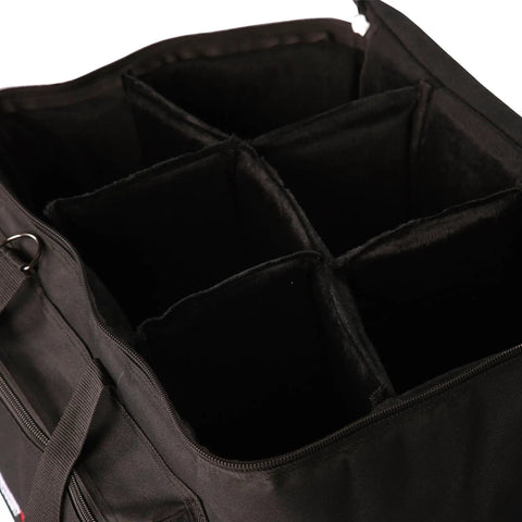 Heavy Duty Black Drum Hardware Gig Bag With Slick Foam Padding And Adjustable Divider interior view showing padded compartments.
