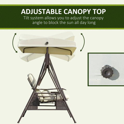 Two Person Patio Swing Bench With Adjustable Shade Canopy Cushions Throw Pillows And Tray Beige Outdoor Seating For Patio Balcony Backyard Poolside Garden Deck Hangout Ready Weatherproof Aluminum Frame, showing adjustable canopy mechanism with close-up of tilt knob on metal frame.