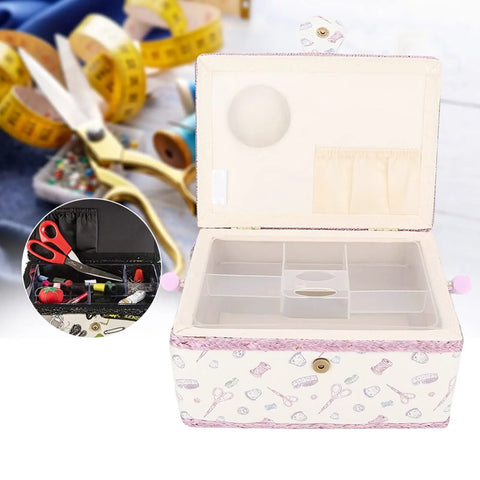 Grab And Go Removable Tray Sewing Basket With Handles For Quilting And Crafts, Vintage Style Needle And Thread Organizer shown open