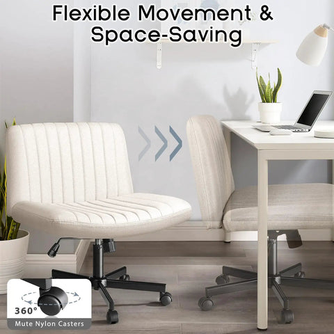 Criss Cross Office Chair No Wheels, comfy cross legged desk chair with wide beige fabric seat in home office setup.