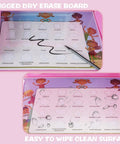 Kids Travel Tray for Car Seat with Ipad Holder and Dry Erase Board featuring activity tabs and shapes.