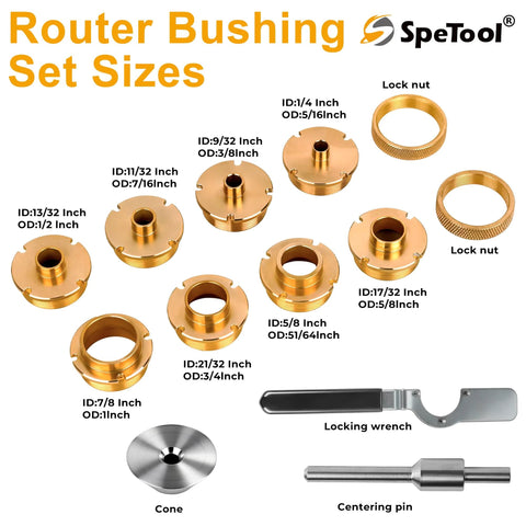 SpeTool 13-piece brass router bushing set with locking wrench, centering pin, aluminum case fits 1-3/16 in hole