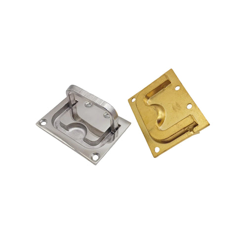316 Stainless Steel Flush Pull Ring Handle in gold finish next to silver variant, both recessed for cabinets and marine use, 76x57mm size.