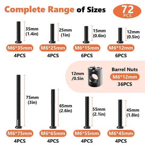 72 Piece Crib Screws Hardware Replacement Kit For Baby Bed Frames With Hex Drive Socket Cap Screws And Barrel Nuts Set M6 Threaded Screws