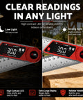 Rock Solid Digital Angle Finder With Built In Miter And Bevel Calculator 7 Inch LCD Screen showing clear readings in any light.
