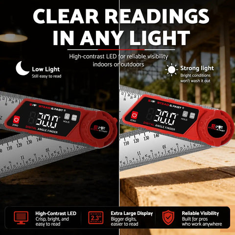 Rock Solid Digital Angle Finder With Built In Miter And Bevel Calculator 7 Inch LCD Screen showing clear readings in any light.