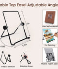 Tabletop easel with adjustable angles, used for painting, tablet stand or bookshelf, shown in black metal.