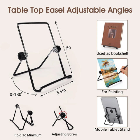 Tabletop easel with adjustable angles, used for painting, tablet stand or bookshelf, shown in black metal.