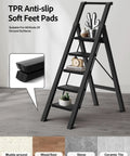 Five Step Aluminum Ladder Foldable Step Stool For Home And Garage Lightweight Under 10 Pounds Space Saving Grab And Go Convenience Stable Heavy Duty Build Open Height 45.6 Inches Folds Down To 2.17 Inches For Easy Storage, black ladder with anti-slip feet pads