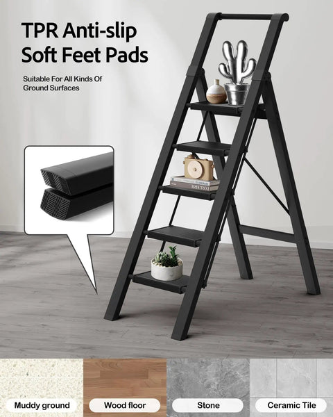Five Step Aluminum Ladder Foldable Step Stool For Home And Garage Lightweight Under 10 Pounds Space Saving Grab And Go Convenience Stable Heavy Duty Build Open Height 45.6 Inches Folds Down To 2.17 Inches For Easy Storage, black ladder with anti-slip feet pads