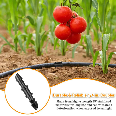 120 Piece Barbed Coupling Fittings Set For 1 Quarter Inch Drip Irrigation Tubing in garden with tomatoes