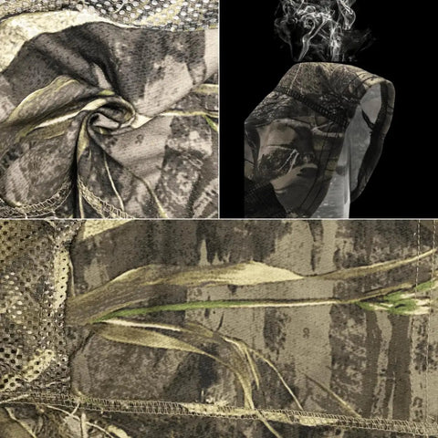Close-up of camo balaclava face mask with mesh breathable holes for men and women, ultralight windproof UV protection, polyester camo