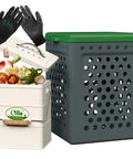 Kitchen Compost Bin Set With 1 Gallon Indoor Countertop Bin And 8 Gallon Outdoor Worm Bin Includes Lid Gardening Gloves And Jute Blanket For Easy To Set Up Garden Compost System, showing bins and gloves.