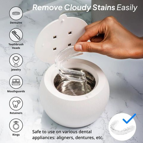 ShinePod Ultrasonic Retainer Cleaner With UV Light For Dental Pods Quick 5 Minute Deep Clean Bacteria Virus Plaque Removal Chemical Free Sanitizer For Braces Retainers And Aligners open with aligner