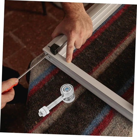 Top Shelf Double Bearing Sliding Door Roller Upgrade With Built Tough Steel For No Hassle Smooth Glide Window And Door Slide Hardware Supporting Up To 50kg Loads, shown during installation with tool.