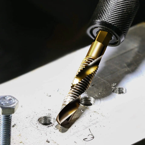 Six Piece Combination Drill Tap Bit Set SAE One Quarter Twenty NC Thread Size Titanium Coated High Speed Steel in action.