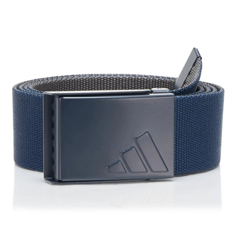 Reversible 1.5 Inch Golf Belt In Navy And Grey, 48 Inch Length, Cut To Size, Recycled Polyester With Metal Buckle And Raised Logo
