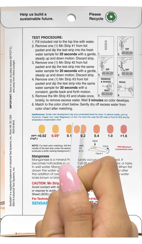 Fast Manganese Water Test Strips Kit 12 Tests For Groundwater Analysis test procedure instructions with hand holding strip.