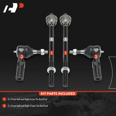 Jeep Front Inner And Outer Tie Rod End Kit For XK Commander 2008 2010 And WK Grand Cherokee 2005 2010 Premium Replacement Steering Tie Rods To Tighten Loose Steering And Restore Precise Handling, 4 pc steel