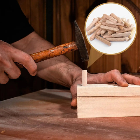 Person installing 90 Piece Hardwood Dowel Set in three sizes, one quarter inch, five sixteenths inch, and three eighths inch fluted grooved dowels.