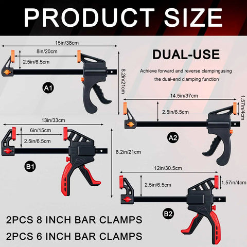 Diagram showing 90 Degree Corner Clamps For Woodworking, Trigger Clamp Set dimensions, including 15in and 13in models in dual-use design.
