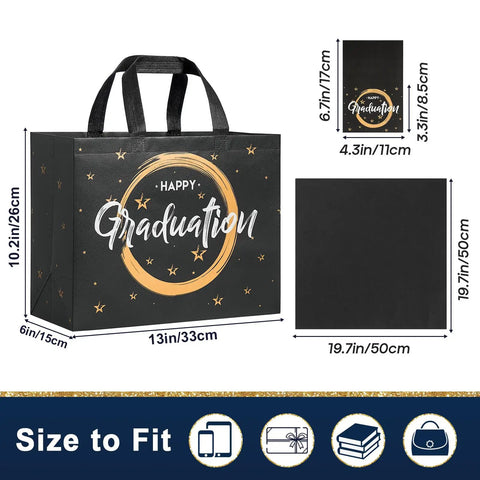 Two Pack 13 Inch Graduation Gift Bags With Tissue Paper Reusable Nonwoven Gift Bags With Handles 12.8 X 10.2 X 6.3 Inch Size Perfect For Grads Class Of 2026 College High School Or 8th Grade Graduation Includes Wrapping Paper Greeting Cards And Stickers, black bag with 'Happy Graduation' design