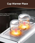 Espresso Coffee Machine With 20 Bar Pressure, LED Touch Screen showing cup warmer with two glass mugs retaining heat
