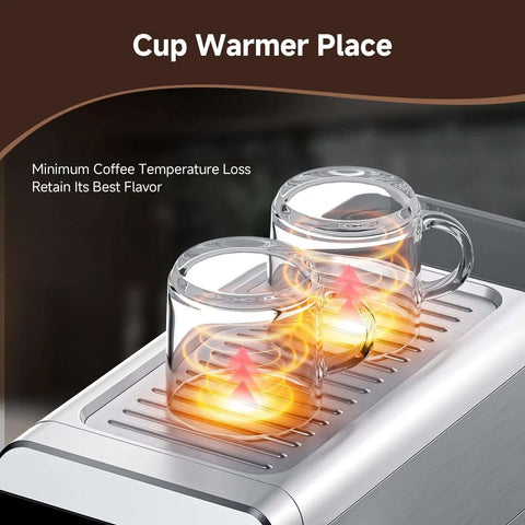 Espresso Coffee Machine With 20 Bar Pressure, LED Touch Screen showing cup warmer with two glass mugs retaining heat