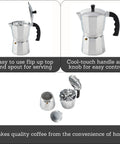 Stovetop Cast Aluminum 9 Cup Moka Pot Coffee Maker with cool-touch handle, flip top, side pour spout, compact design